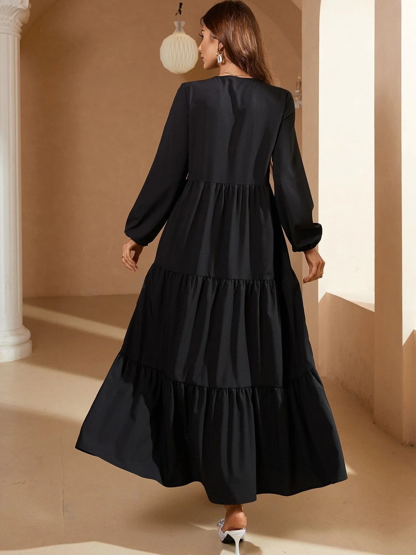 Women’s Black Neck Tie Lantern Sleeves Ruffle Maxi