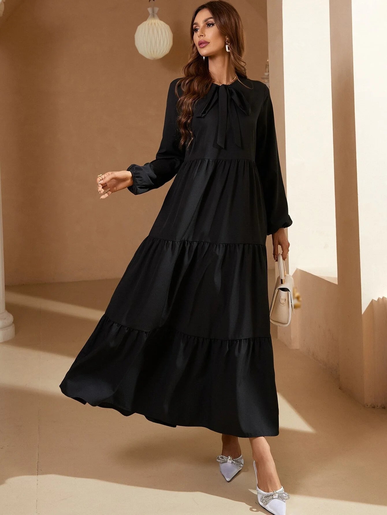 Women’s Black Neck Tie Lantern Sleeves Ruffle Maxi